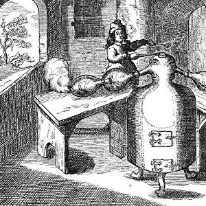 Distillation of nitric acid (Aqua fortis or parting acid) in an iron man with two noses, 1689