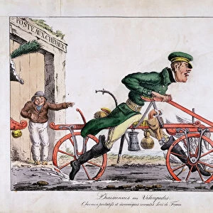 Draisienne or velocipede shown replacing horses in the French post service, 1818