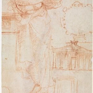 A Draped Female Figure (possibly an Amazon) and Architectural Studies (verso), c. 1525