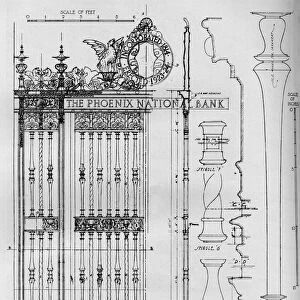 Detail drawing of the main entrance door grille, Phoenix National Bank, 1924