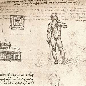Drawing of plans for a castle, and of a nude figure, washed with Indian ink, c1472-c1519 (1883). Artist: Leonardo da Vinci