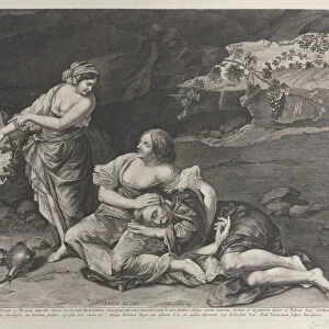 The drunkenness of Lot, who is asleep on his daughters lap at center, while his other... ca. 1628. Creator: Lucas Vorsterman