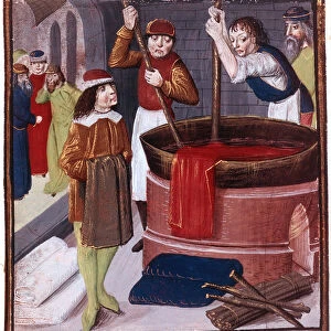 Dyers immersing bolt of cloth in vat of dye placed over a fire, 15th century