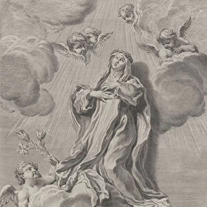 The Ecstasy of Saint Catherine of Siena, kneeling on a cloud carried by angels, one of