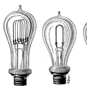 Edisons incandescent lamps showing various forms of carbon filament, 1883