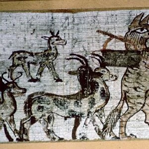 Detail from the Egyptian satirical papyrus of a fox playing the pipes and leading goats, and a cat