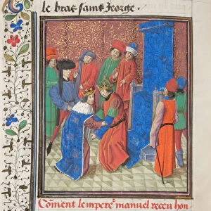 Emperor Manuel I Komnenos meets with king Amalric I of Jerusalem. Miniature from the Historia by William of Tyre, 1460s. Artist: Anonymous