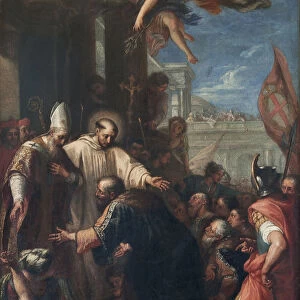 The end of the schism of Anacletus. The Antipope Anacletus II kneeling before Pope Innocent II, um 1