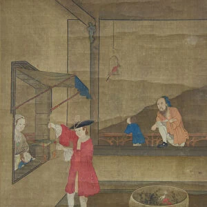 European Couple and Child Playing with Parrot, 18th century. Creator: Unknown