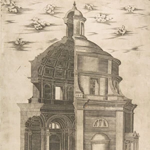 Exterior and interior section of a temple in Rome dedicated to Neptune, 1541