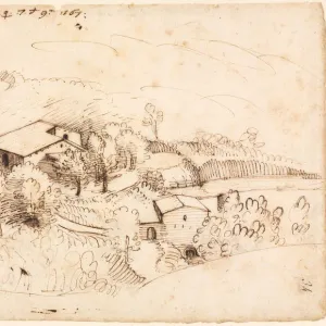 Farm with Trees in a Hilly Landscape, 1567. Creator: Gherardo Cibo (Italian, 1512-1600)