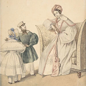 Fashion Drawing with a Woman Seated in a Chair with a Boy and Girl, 19th century