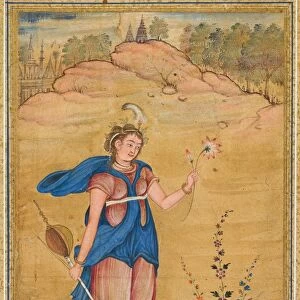 A female figure standing in a landscape holding a four-stringed khuuchir and a lotus