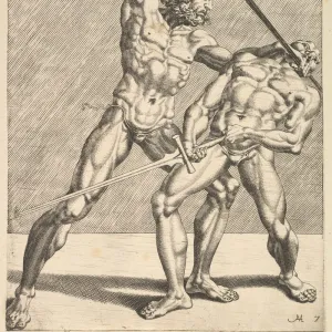 Two Fencers, from Fencers, plate 7, 1552. Creators: Dirck Volkertsen Coornhert