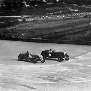 Fiat Balilla and Jensen racing at the BARC Meeting, Brooklands, 15 October 1938. Artist