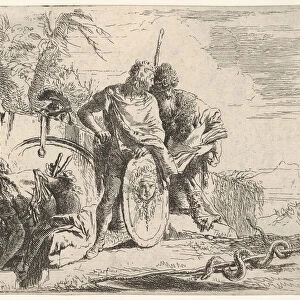 Three figures and a snake coiled around a staff, surrounded by a landscape, the ce
