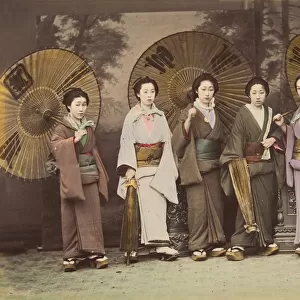 [Five Japanese Women in Traditional Dress with Parasols], 1870s. Creator: Unknown