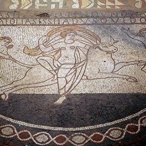 Detail of Floor mosaic showing Europa riding a bull, Lullingstone Roman Villa, Kent