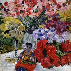 Flowers and a doll, 1916. Artist: Yakovlev, Mikhail Nikolayevich (1880-1942)