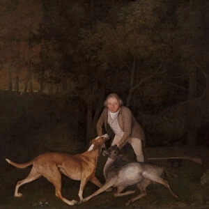 Freeman, the Earl of Clarendons gamekeeper, with a dying doe and hound, 1800