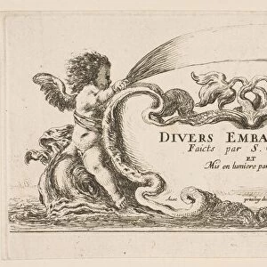 Frontispiece: cartouche at center, putti on either side riding on dolphins, from V