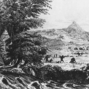 Fuegians at Woollya, with the Fitzroy expeditions camp in the background, 1831 (1839)