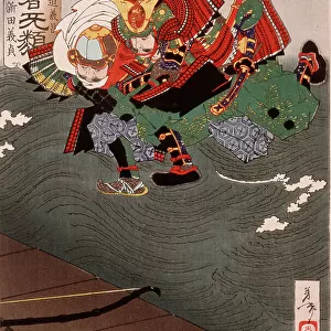 Funada Nyudo Yoshimasa Grappling with Sachujo Nitta Yoshisada in Midair, 1886. Creator: Tsukioka Yoshitoshi