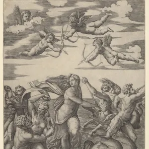 Galatea standing in a water-chariot pulled by two dolphins, surrounded by tritons, nere