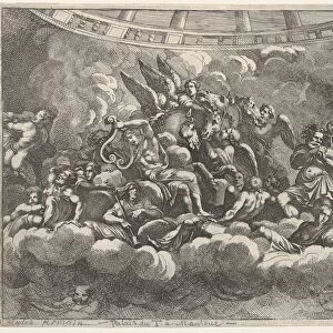 Gathering of various Olympian gods and mythological figures among clouds, Apollo at ce