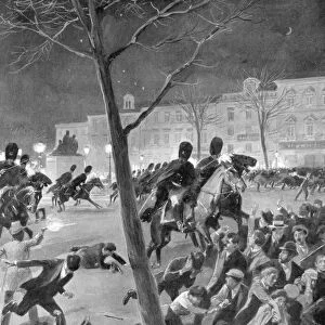 Gendarmes charging the rioters in the Place des Grand Sablons, Brussels, Belgium, 1902. Artist: G Amato