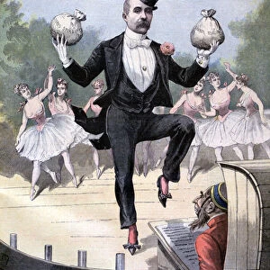 Georges Clemenceau juggling bags of English money, 1893. Artist: Henri Meyer