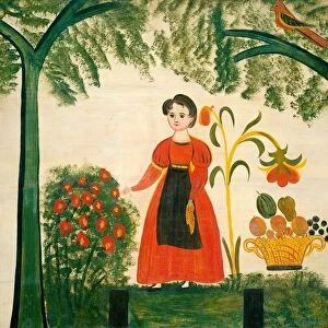 Girl in Red with Flowers and a Distelfink, c. 1830. Creator: Unknown