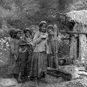 Girls and British soldiers, Chakrata hills, India, 1917