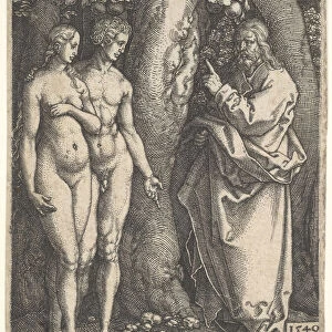 God at right forbidding the nude Adam and Eve at left to eat from the tree of knowledge