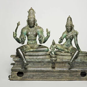 God Shiva and Goddess Uma Seated with their Son, Skanda (Somaskanda), about 1400