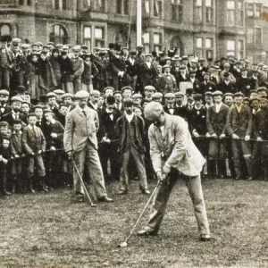 Golfer about to tee off at a tournament, 1902