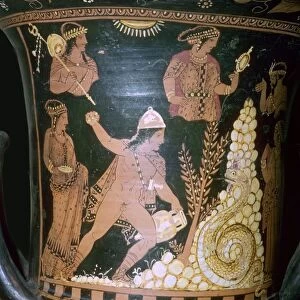 Greek vase painting depicting Cadmus fighting the serpent, 4th century BC