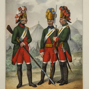Grenadiers of the Preobrazhensky, Semenovsky and Izmailovsky Regiment in 1763-1775, Early 1840s. Artist: Razumikhin, Pyotr Ivanovich (1812-1848)