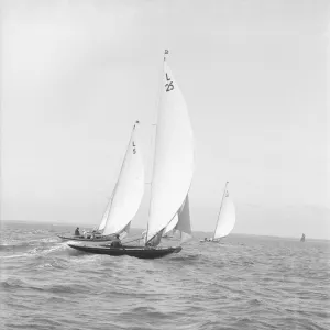 Group of 6 Metres racing downwind, 1914. Creator: Kirk & Sons of Cowes