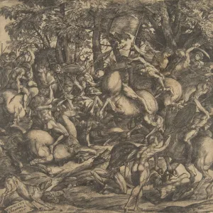 Group of naked men engaged in battle in a wooded landscape