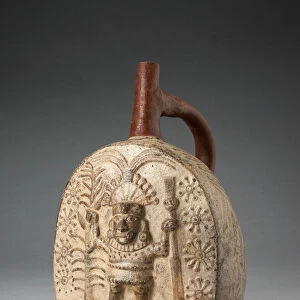 Handle Spout Vessel with Relief Depicting a Standing Figure, Holding Farming Tools, 100 B