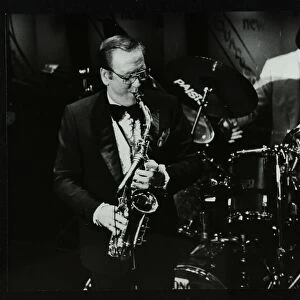 Harry Bence playing the saxophone at the Forum Theatre, Hatfield, Hertfordshire, 1984