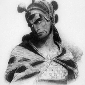 Hawaiian warrior wearing a helmet with a mushroom ornamented crest, 1819. Artist: Jacques Etienne Victor Arago