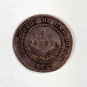 Head of a one-peseta coin in silver, reign of Elizabeth II, 1837. Catalonia