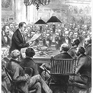 Heinrich Schliemann lecturing in London, 1877