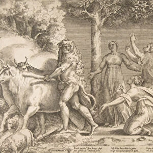 Hercules driving off the cattle of Geryon, at the right are the nymphs of Hesperides