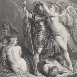 Hero crowned by Victory, who places a laurel wreath on his head, Venus and Cupid at