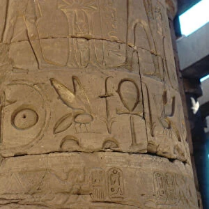 Hieroglyphics carved on a column at the Temple of Karnak, Egypt, c14th-13th century BC