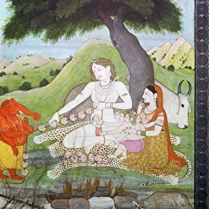 Holy family at the Burning Ground, showing Siva, Parvati, and Ghanesh, 19th century