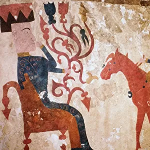 Detail of a horseman and seated man from felt Scythian wall-hanging